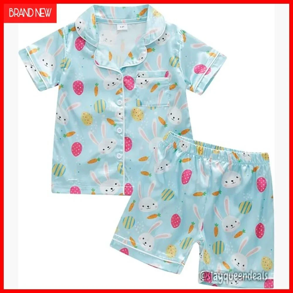Toddler Easter Bunny Silk Pajama Set Short Sleeve Button Shirt Lounge Shorts